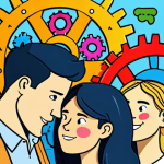**A colorful illustration depicting three interconnected gears labeled "Cognitive Bias," "Emotion," and "Social Dynamics," each influencing a diverse group of people. The gears are turning and influencing various aspects of daily life scenes, like someone making a purchase, interacting with friends, and experiencing different emotions.**