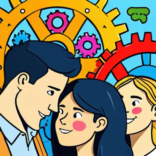 **A colorful illustration depicting three interconnected gears labeled "Cognitive Bias," "Emotion," and "Social Dynamics," each influencing a diverse group of people. The gears are turning and influencing various aspects of daily life scenes, like someone making a purchase, interacting with friends, and experiencing different emotions.**