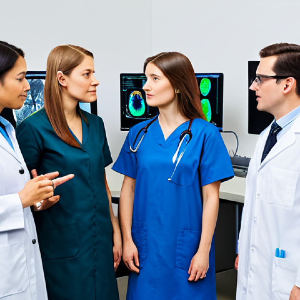 A group of diverse professional researchers, fully clothed in appropriate lab coats over modest professional dress, collaborating in a state-of-the-art psychological research institution laboratory. The setting is bright and clean, featuring advanced neuroimaging equipment and computer screens displaying intricate brain activity visualizations. They exhibit perfect anatomy, correct proportions, and natural poses, showcasing focused discussion and teamwork. Well-formed hands, proper finger count, natural body proportions, professional photography, high quality, safe for work, appropriate content, family-friendly.