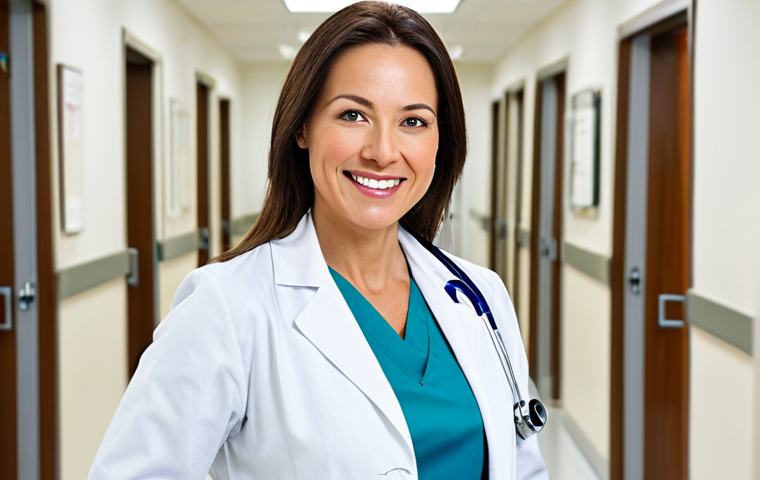 **

"A female doctor in her late 30s, wearing a clean white lab coat, standing in a bright and modern hospital hallway, fully clothed, appropriate attire, safe for work, professional setting, perfect anatomy, correct proportions, natural pose, warm and approachable demeanor, friendly smile, natural lighting, high quality, modest."

**