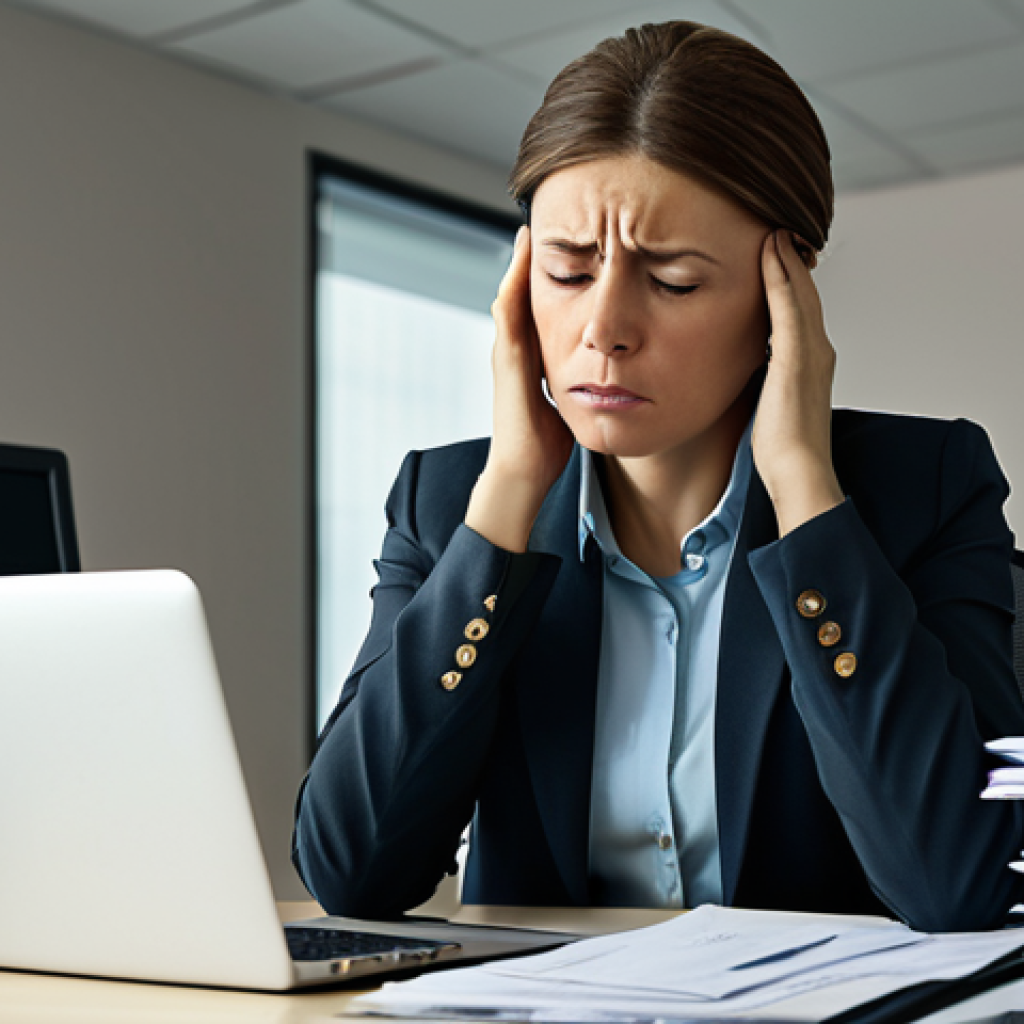 Stressed Professional**
"A professional woman in a modern office, looking overwhelmed at her computer, surrounded by paperwork, fully clothed in business casual attire, appropriate content, safe for work, perfect anatomy, natural proportions, realistic lighting, muted colors, depicting the pressure of workplace stress, professional, modest."
**
