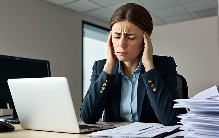 Stressed Professional**

"A professional woman in a modern office, looking overwhelmed at her computer, surrounded by paperwork, fully clothed in business casual attire, appropriate content, safe for work, perfect anatomy, natural proportions, realistic lighting, muted colors, depicting the pressure of workplace stress, professional, modest."

**