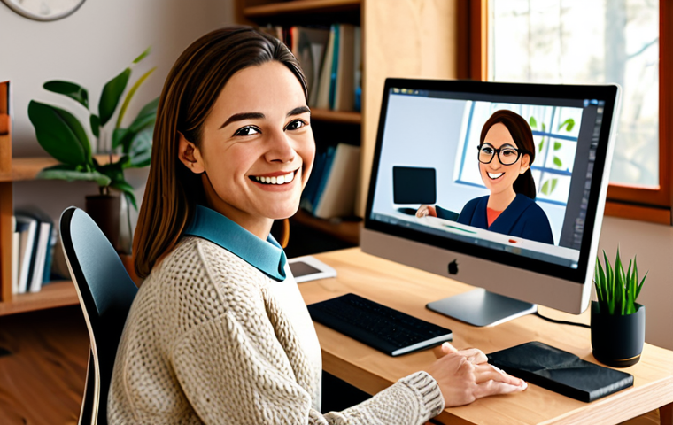 Teletherapy Session**

"A warm and inviting telehealth session in progress. A female psychologist with a friendly expression sits in front of her computer in a cozy home office, wearing a professional but comfortable sweater. On the screen is a younger adult, also smiling slightly. The background includes bookshelves, soft lighting, and plants. Style: digital illustration, warm tones, safe for work, appropriate content, fully clothed, professional, family-friendly, perfect anatomy, correct proportions, natural pose, well-formed hands, proper finger count."

**