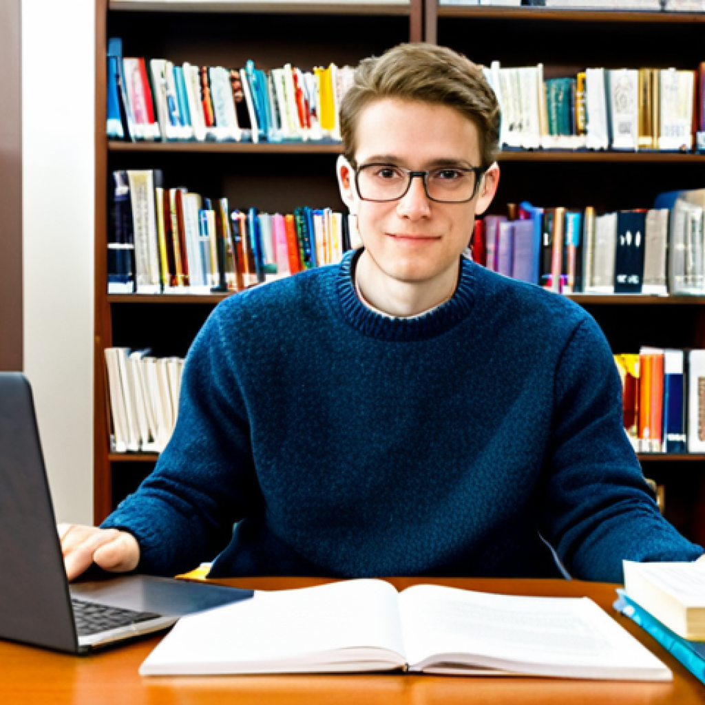 **Prompt:** A psychology doctoral student, fully clothed in appropriate attire (business casual: sweater, slacks), working diligently at a desk piled high with books and research papers, safe for work, surrounded by psychology textbooks and notes, laptop open displaying statistical software, in a brightly lit university library setting, appropriate content, perfect anatomy, correct proportions, well-formed hands, proper finger count, natural pose, professional, family-friendly.