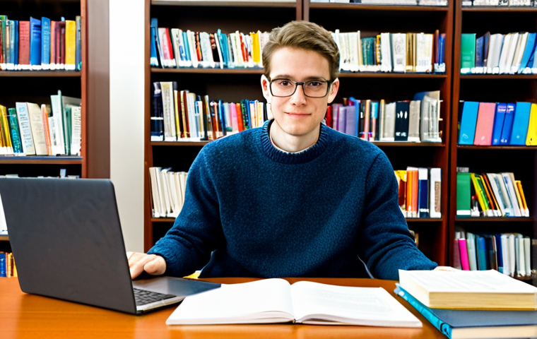 **Prompt:** A psychology doctoral student, fully clothed in appropriate attire (business casual: sweater, slacks), working diligently at a desk piled high with books and research papers, safe for work, surrounded by psychology textbooks and notes, laptop open displaying statistical software, in a brightly lit university library setting, appropriate content, perfect anatomy, correct proportions, well-formed hands, proper finger count, natural pose, professional, family-friendly.