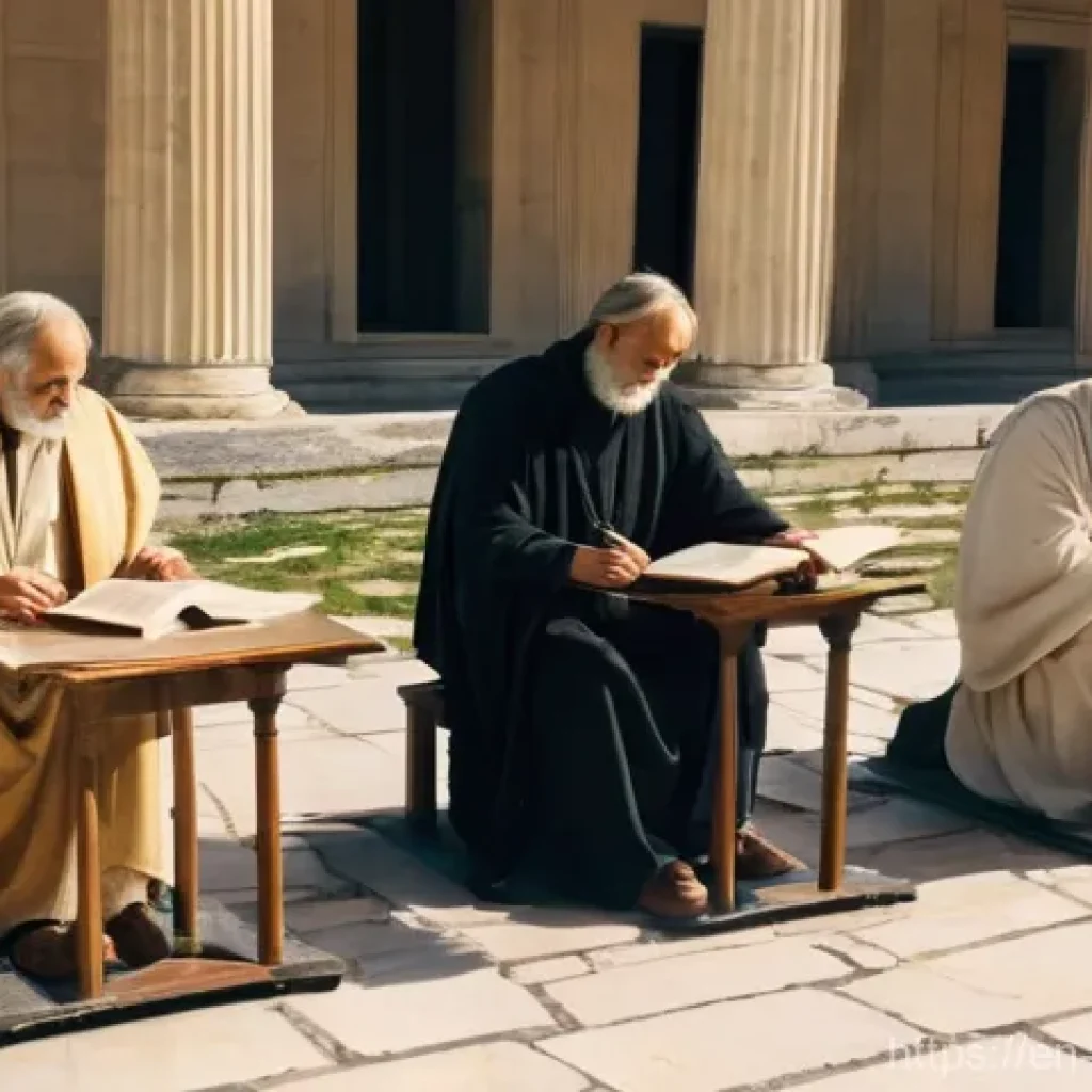 심리학의 역사 - **Prompt 1: Ancient Philosophical Debate on Mind and Body**
    "A serene, sun-drenched marble court...