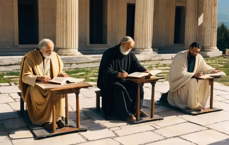 심리학의 역사 - **Prompt 1: Ancient Philosophical Debate on Mind and Body**
"A serene, sun-drenched marble court...
