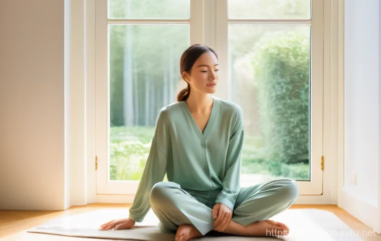 심리학 이론 - **Prompt:** A serene young adult, fully clothed in comfortable, muted-toned loungewear, sits peacefu...