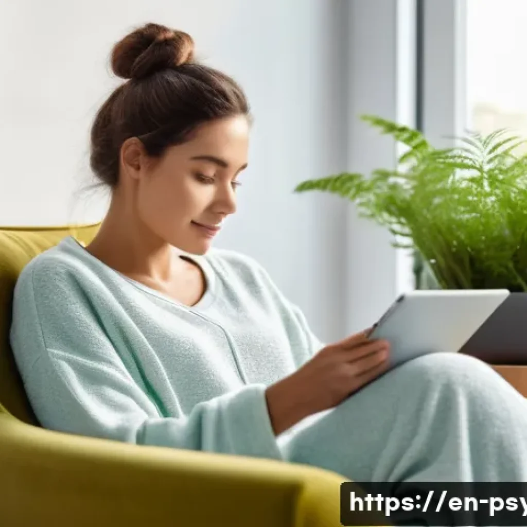 심리학과 정신치료 - **Prompt: "Digital Serenity: Teletherapy in a Cozy Nook"**
A young adult female (20s-30s), with ...