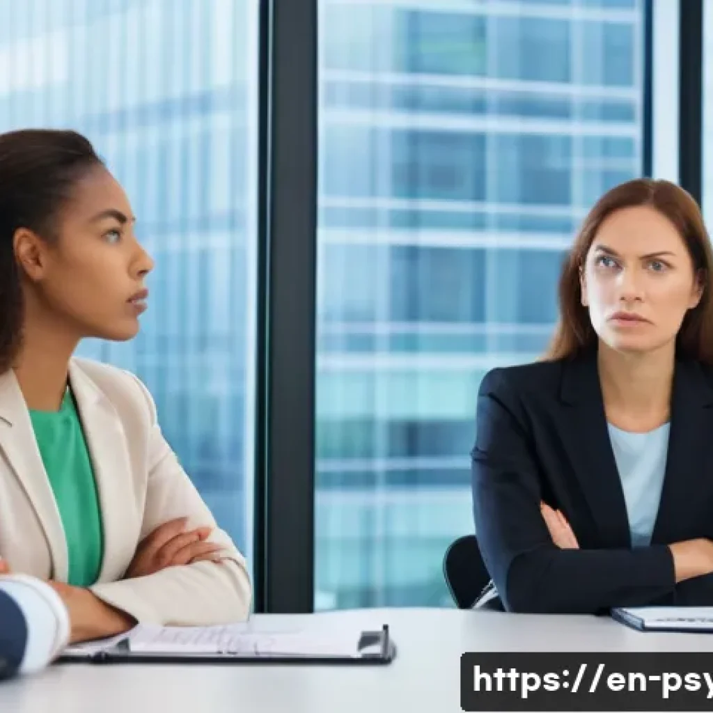 심리학의 현장 사례 - An office meeting scene capturing subtle nonverbal communication: a diverse group of professional ad...