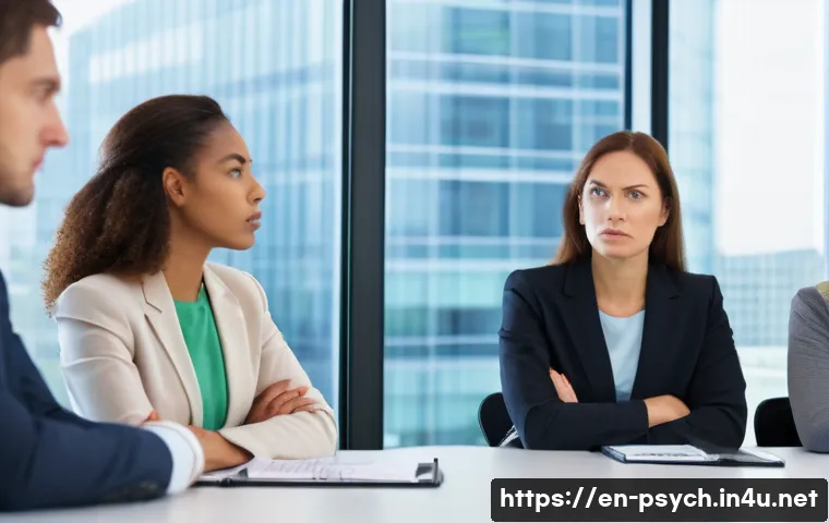 심리학의 현장 사례 - An office meeting scene capturing subtle nonverbal communication: a diverse group of professional ad...