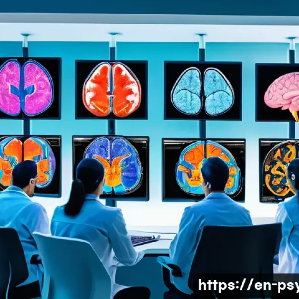 심리학 전공 필수과목 - A detailed illustration of a modern neuroscience laboratory with diverse scientists analyzing colorf...