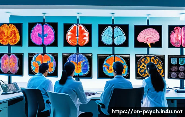 심리학 전공 필수과목 - A detailed illustration of a modern neuroscience laboratory with diverse scientists analyzing colorf...