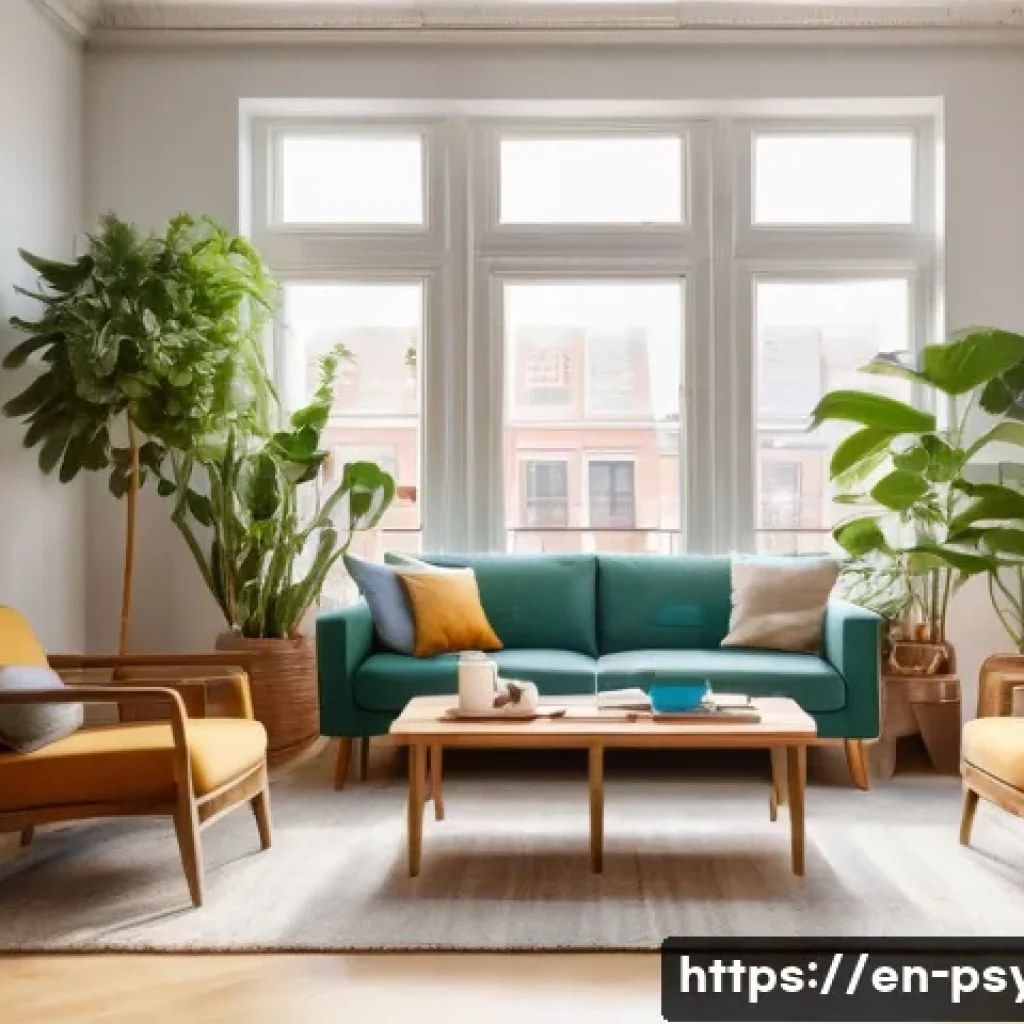 심리학 테라피 - A warm, inviting therapy room with soft natural light streaming through a large window, comfortable ...