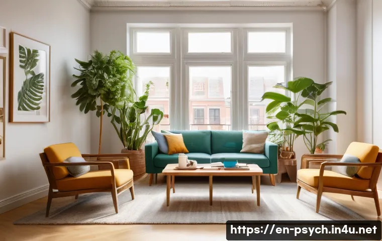 심리학 테라피 - A warm, inviting therapy room with soft natural light streaming through a large window, comfortable ...