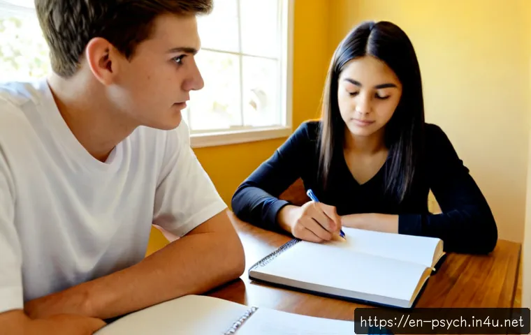 심리학 대학교 입시 - Photorealistic high school senior and supportive parent reviewing psychology university admissions m...